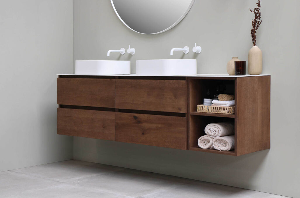 Topdeck 45 Yale vierkant 2x onderkast 2 laden 70 cm fineer chocolate afdekplaat keramische slab 160 cm onderkast2 LR