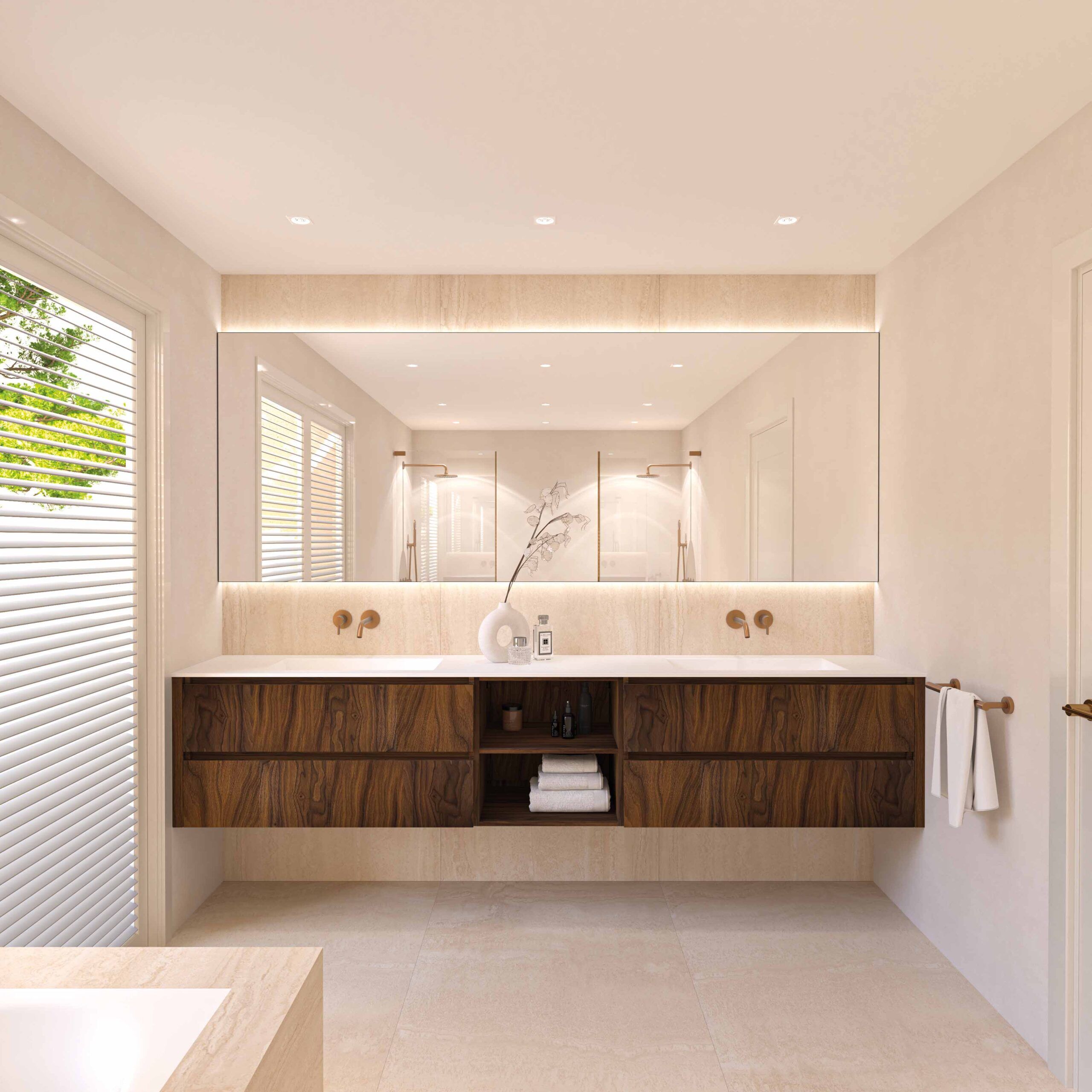 Bliss Spazio 600 model A mat wit onderkast houten keerlijst fineer Walnut IVY Pact geborsteld mat koper1 LR scaled
