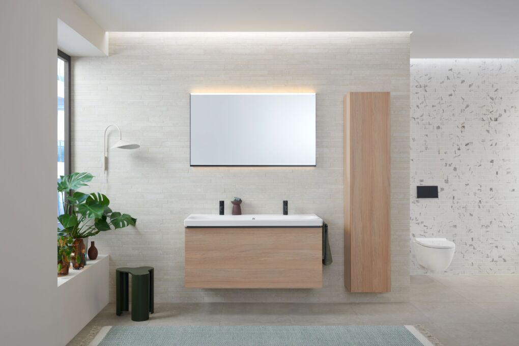 2024 Acanto bathroom double washbasin oak with tall side cabinet