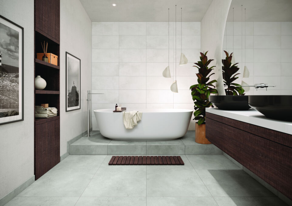 Sento Blossom Bad WF 30x60 pale white BF 60x120 concrete grey HF1